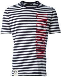 weißes und schwarzes horizontal gestreiftes T-Shirt mit einem Rundhalsausschnitt von Love Moschino