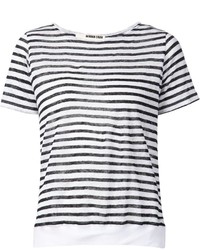 weißes und schwarzes horizontal gestreiftes T-Shirt mit einem Rundhalsausschnitt von Minden Chan