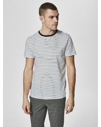 weißes und schwarzes horizontal gestreiftes T-Shirt mit einem Rundhalsausschnitt von Selected Homme