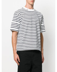 weißes und schwarzes horizontal gestreiftes T-Shirt mit einem Rundhalsausschnitt von Sacai