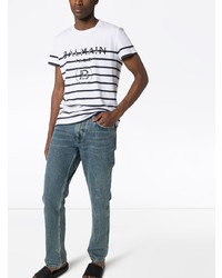 weißes und schwarzes horizontal gestreiftes T-Shirt mit einem Rundhalsausschnitt von Balmain