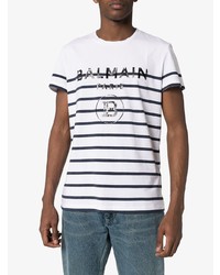 weißes und schwarzes horizontal gestreiftes T-Shirt mit einem Rundhalsausschnitt von Balmain