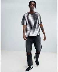 weißes und schwarzes horizontal gestreiftes T-Shirt mit einem Rundhalsausschnitt von Cheap Monday