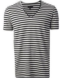 weißes und schwarzes horizontal gestreiftes T-Shirt mit einem V-Ausschnitt von Les Hommes