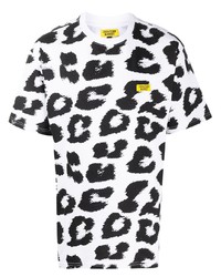 weißes und schwarzes T-Shirt mit einem Rundhalsausschnitt mit Leopardenmuster