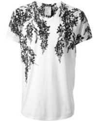 weißes und schwarzes T-Shirt mit einem V-Ausschnitt mit Blumenmuster von Ann Demeulemeester