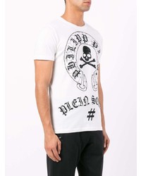 weißes und schwarzes verziertes T-Shirt mit einem Rundhalsausschnitt von Philipp Plein