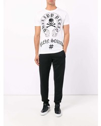 weißes und schwarzes verziertes T-Shirt mit einem Rundhalsausschnitt von Philipp Plein