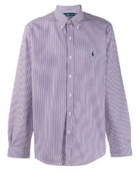 weißes und violettes vertikal gestreiftes Langarmhemd von Ralph Lauren